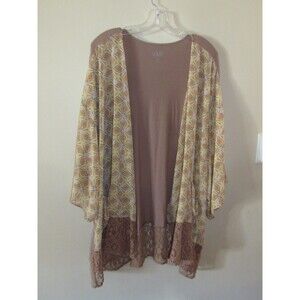 Logo Lori Goldstein Lagenlook Lace Trim Top & Tan Yellow Cardigan Vest Womens 3X